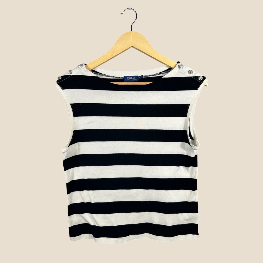 Polo Ralph Lauren Womens XL Black White Striped Button Shoulder Sleeveless Top